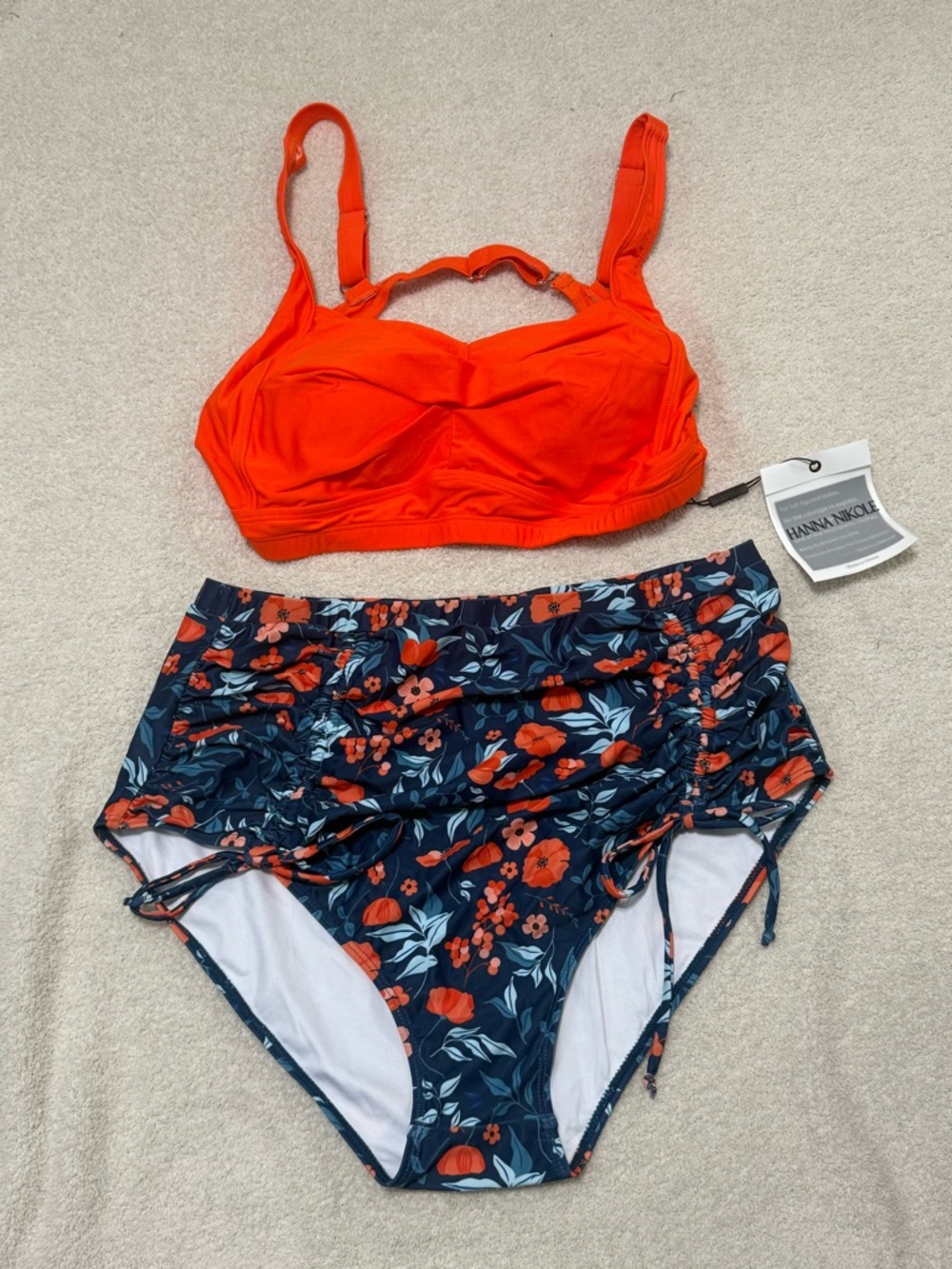 Hanna Nikole Two-Piece Floral Swim Set in Bright Orange & Navy